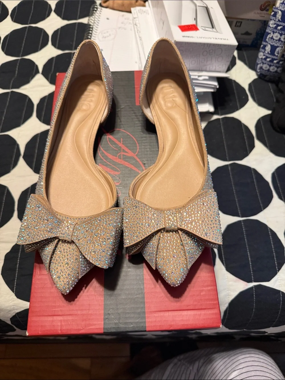 INC International Concepts Nude Rhinestone Bow Pointed Flats